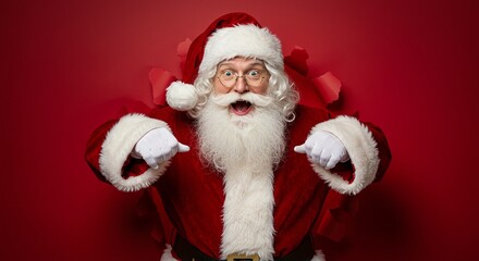 Santa Claus bursting through red paper with excited expression, pointing downward. Holiday spirit!