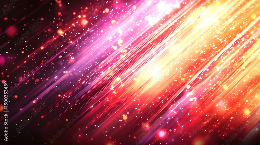 Poster vibrant diagonal lines with glowing particles.