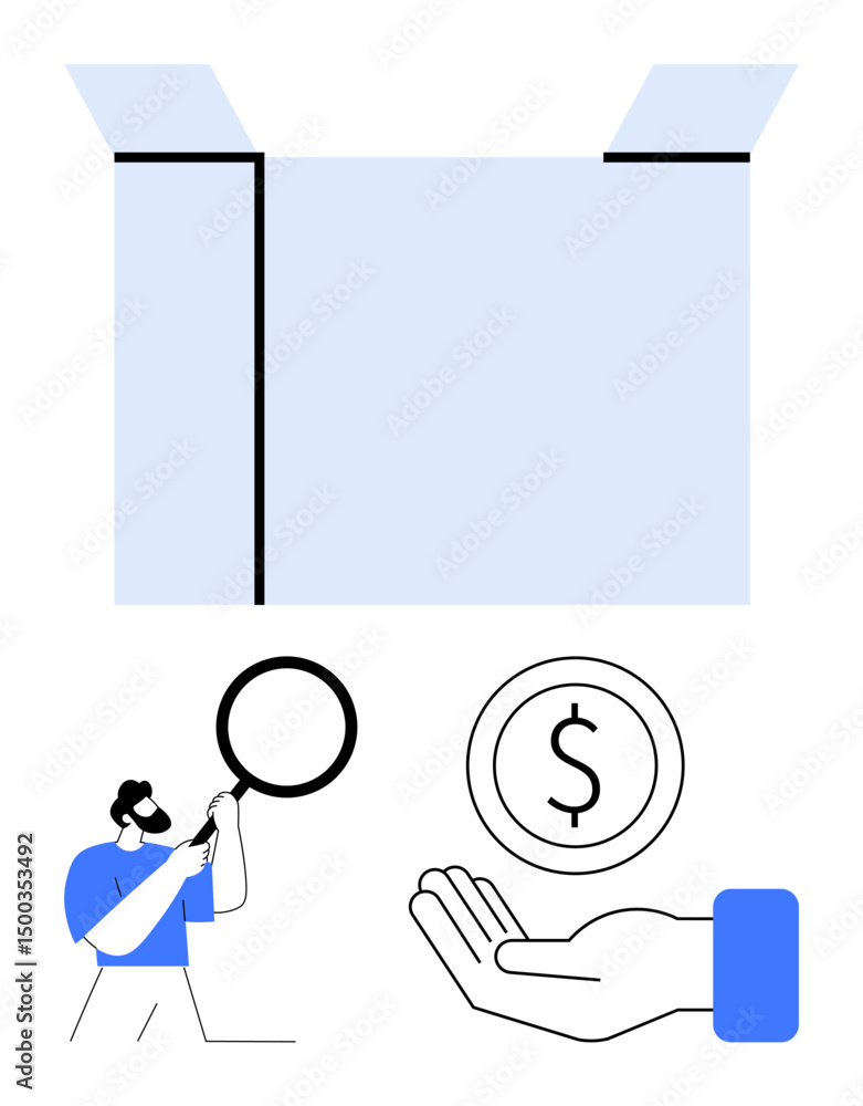 Poster open box with a person examining using a magnifying glass, hand holding dollar coin. ideal for e-com