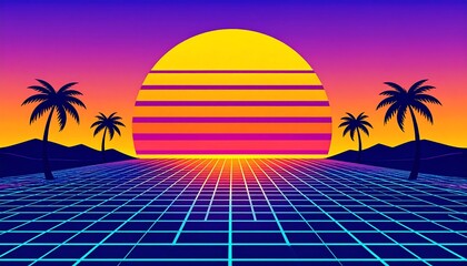 Retro Sunset Grid Landscape. (1)
