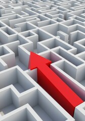 3D Illustration of a Red Arrow Navigating a White Maze Symbolizing Direction