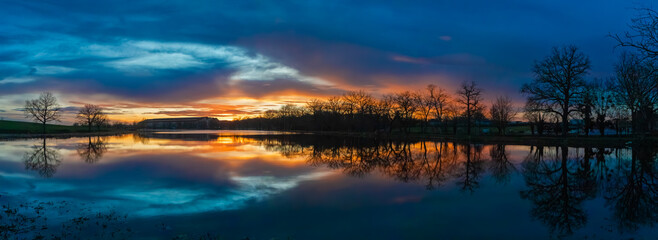 panoramic sunset over the lake, france, Paray-le-Monial