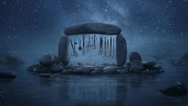 Mysterious barber tools hanging from a stone henge replica reflected on water under a starry night sky create a surreal and intriguing atmosphere