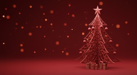 3D Pixel Christmas Tree with Festive Red Background and Gold Decorations