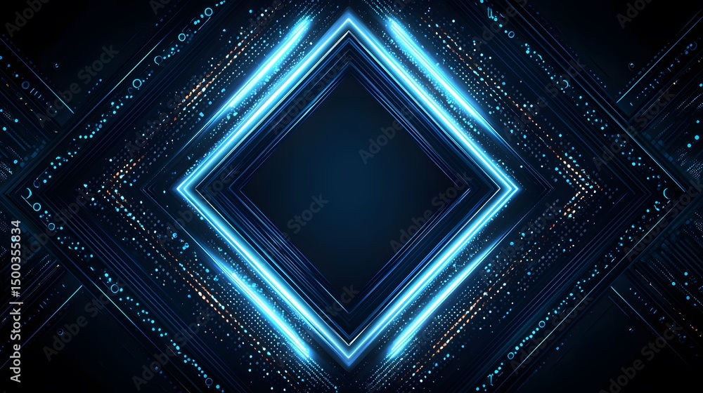 Poster intricate digital design with glowing lines and dots.