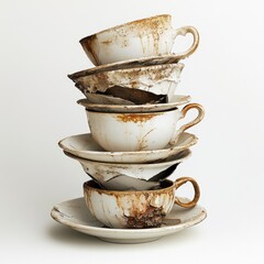 Stacked, aged teacups and saucers, showing damage and wear