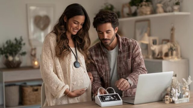 Loving couple sharing intimate moment of listening to unborn baby's heartbeat using handheld fetal doppler device while sitting comfortably in their home environment