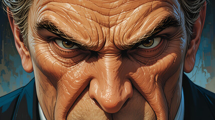 artwork closeup, angry facial features, whispering about economic scandals, business feel