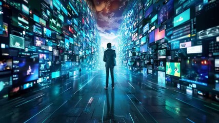 Person on social network background, abstract digital pattern of media news screens. Concept of connect, global world, people, online, art and technology.  - Powered by Adobe