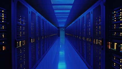 Dark server room, blue glow, rows of racks