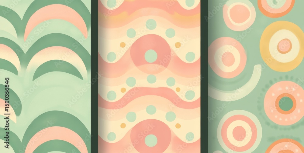 Poster set of three seamless retro groovy vector patterns with optical illusion swirls and pastel green, pi