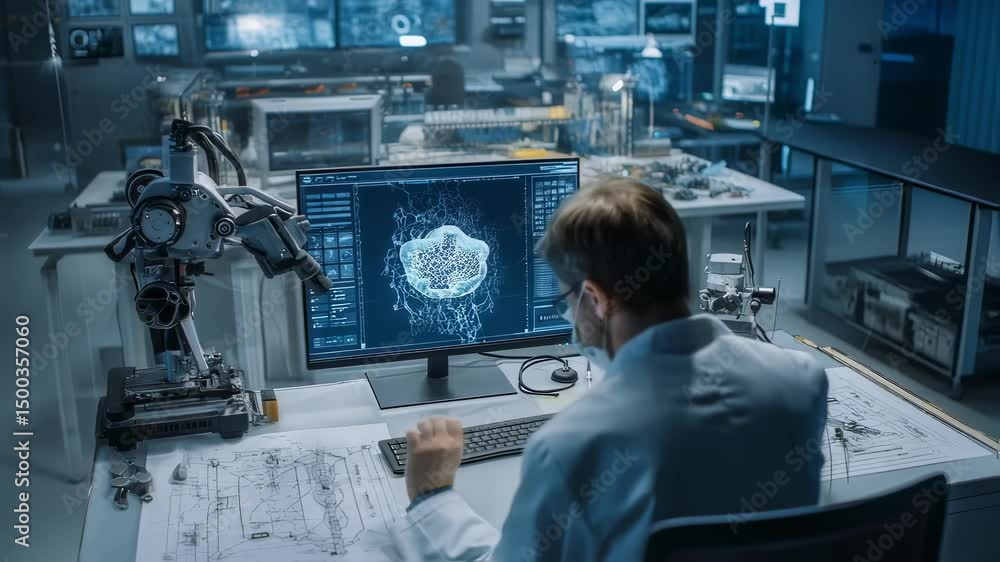 Poster development engineer working on a computer in a modern laboratory, next to a robotic arm, designing 