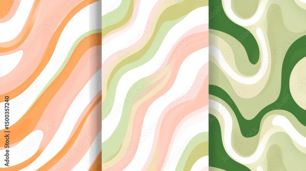 Poster set of three seamless retro groovy vector patterns with optical illusion swirls and pastel green, pi