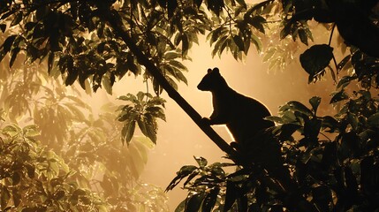Silhouette of tree kangaroo Dendrolagus goodfellowi climbing high in a Papua New Guinea jungle lush foliage golden sunlight