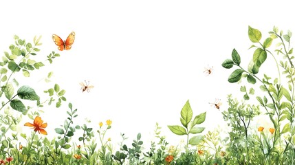 Delicate floral border with butterflies and insects.