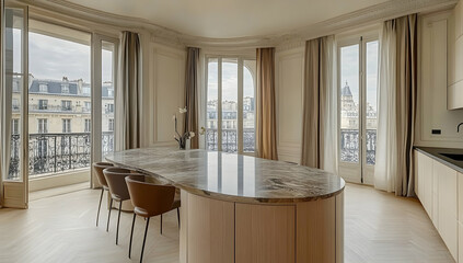 Modern apartment kitchen island marble city view