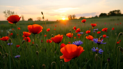 Poppy meadow in the light of the setting sun, poppy and cornflower