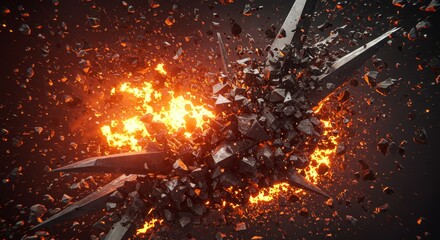 Abstract Explosive Destruction Scene with Fire Orange Particles in Black Background