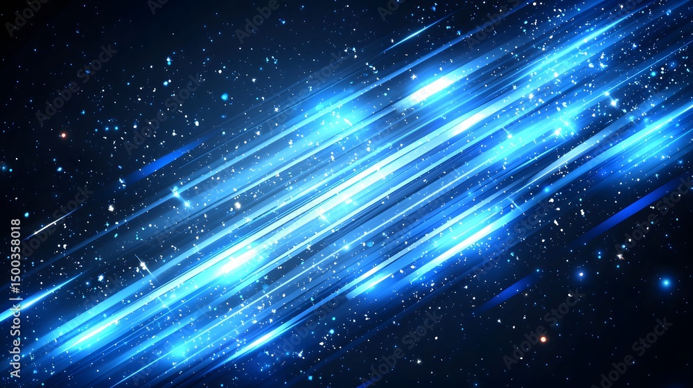 Poster blue diagonal lines and glowing particles on a dark background.