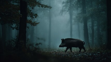 Naklejka premium Silhouette of wild boar Sus scrofa walking through dense forest with fog woodland texture moody lighting atmospheric and nature dominant stock image
