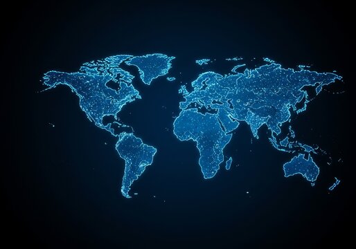 Abstract Digital World Map With Blue Dots On Black Background