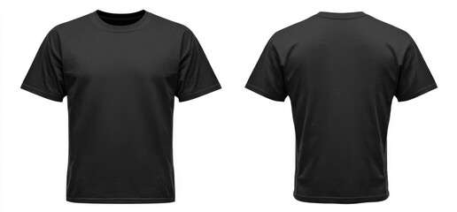Two black blank t-shirts, front and back views