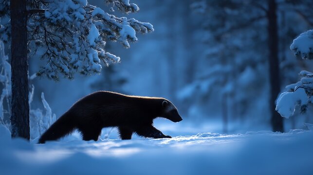 Silhouette of wolverine Gulo gulo walking through snowy pine forest at dusk strong winter lighting boreal wilderness background