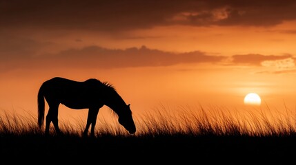 Silhouette of zebra Equus quagga grazing on dry grasslands under a glowing sunset natural African savanna wild and serene environment