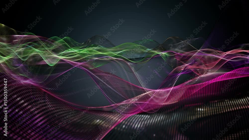 Poster fantastic video animation with particle wave object in slow motion, 4096x2304 loop 4k
