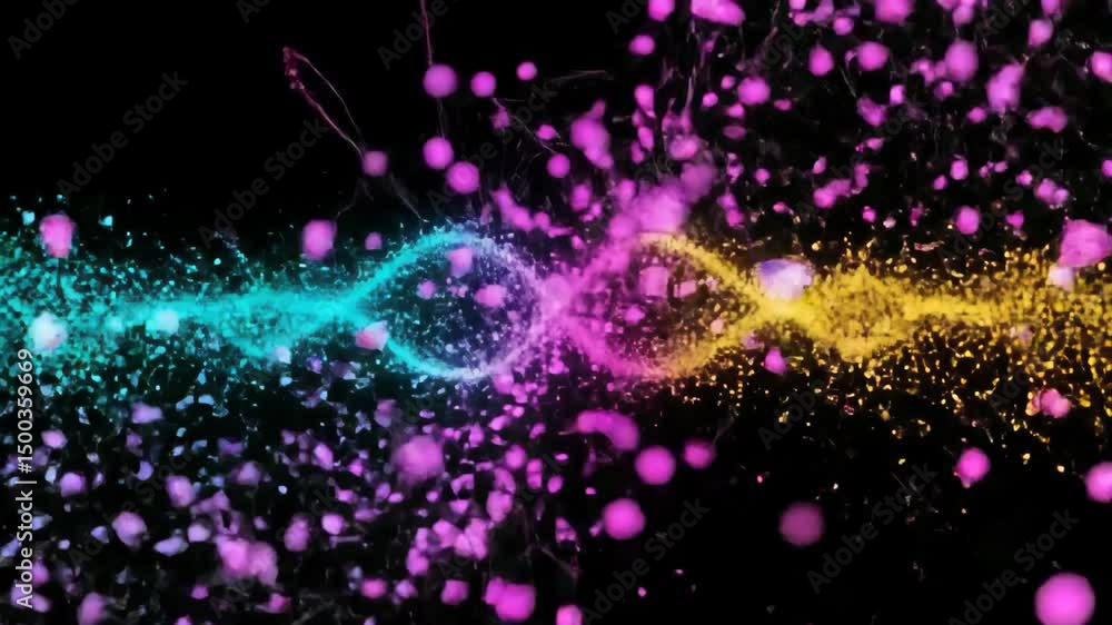 Poster abstract animation of colorful particles forming an infinity symbol against black background