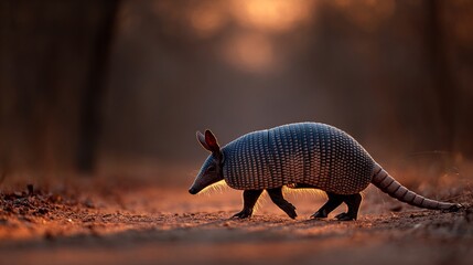 Obraz premium Silhouette of armadillo Dasypus novemcinctus walking on a dirt path in a dry woodland evening glow clean natural background