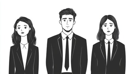 Fototapeta premium line drawing of three business people in their thirties, one man and two women wearing suits with thoughtful expressions.