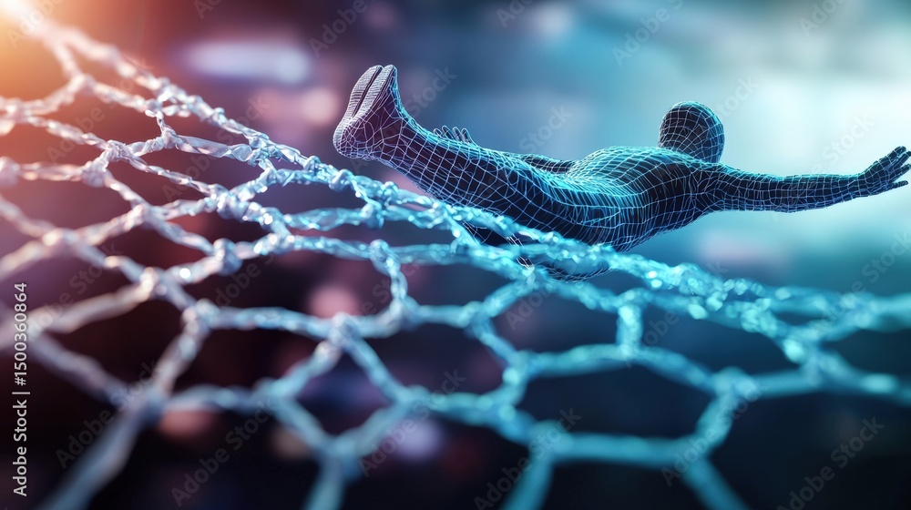Poster dynamic digital character flying through a futuristic web virtual space 3d animation sci-fi environm