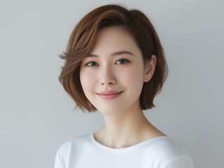 Portrait of a Smiling Young Woman with Short Hair in Minimalist Style