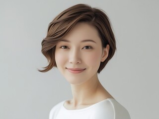 Portrait of a Smiling Young Woman with Short Hair in Minimalist Style
