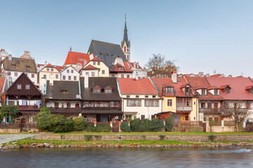 Obraz premium Sunrise view of historic buildings in Cesky Krumlov, Czech Republic
