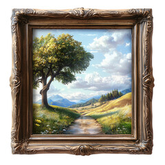 Fototapeta premium Framed landscape scenic artwork of mountains and trees in daytime isolated on transparent background 