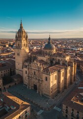 Naklejka premium Aerial Photo of Cathedral in Salamanca Spain under Blue Sky and Golden Hour Light