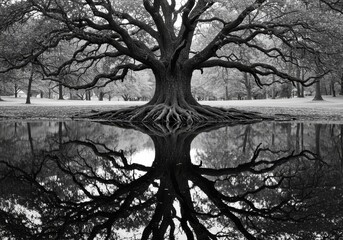 Black And White Tree Reflecting In Still Water Photo in Park
