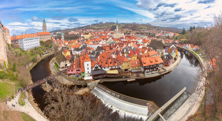 Panoramic aerial view of Cesky Krumlov and river, Czech Republic
