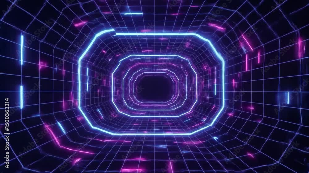 Aufkleber dynamic 3d futuristic tunnel with neon lights and grid lines for abstract backgrounds