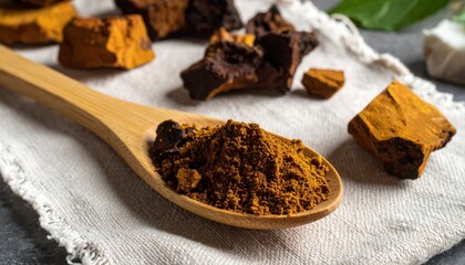 Chaga mushroom powder and chunks.