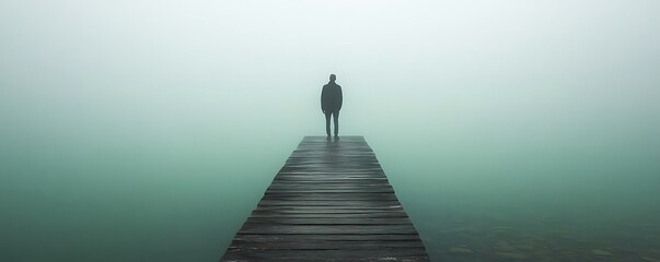 Solitary figure on foggy lake dock