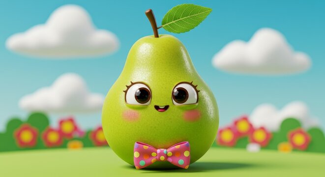 Cheerful Pear Character Illustration with Smiling Face Bowtie and Green Color