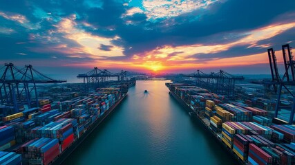 Sunset over the Container Terminal Reflecting on the Waterway in Logistics - Powered by Adobe