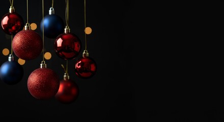 Christmas Ornaments Hanging Against Dark Background with Red and Blue Baubles Photo