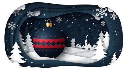 Christmas Paper Cut Illustration Of Ornament And Snowy Winter Night Scene