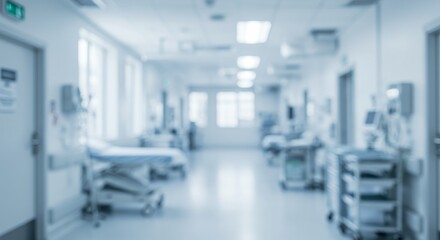 Blurred Hospital Corridor Interior Perspective With Medical Equipment Background Photo