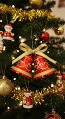 Christmas Tree Decoration Photo with Red Bells and Gold Tinsel