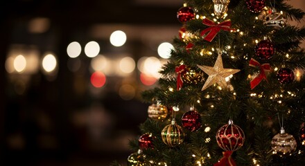 Christmas Tree Photo with Ornaments and Lights on a Dark Background